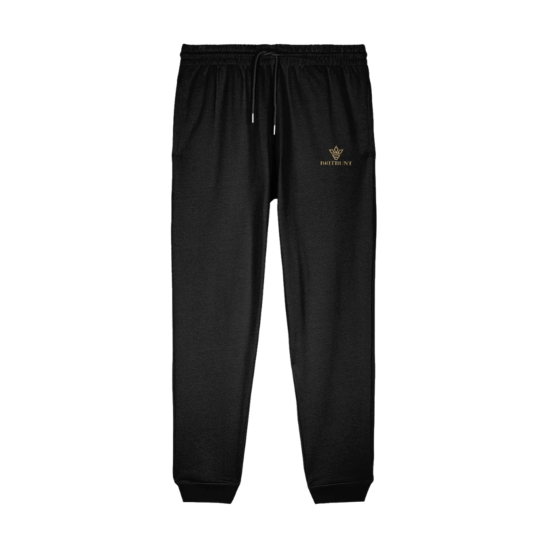 The Signature Jogger in black, with the Britbunt crown and name embroidered in gold on the front left leg