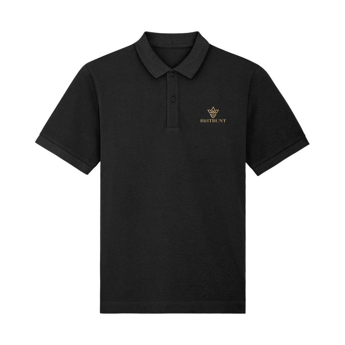 The Signature Polo in black, with the Britbunt crown and name embroidered in gold on the left chest