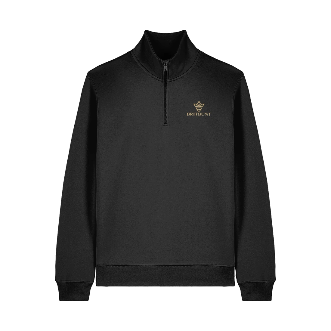 The Signature Quarter-Zip in black, with the Britbunt crown and name embroidered in gold on the left chest