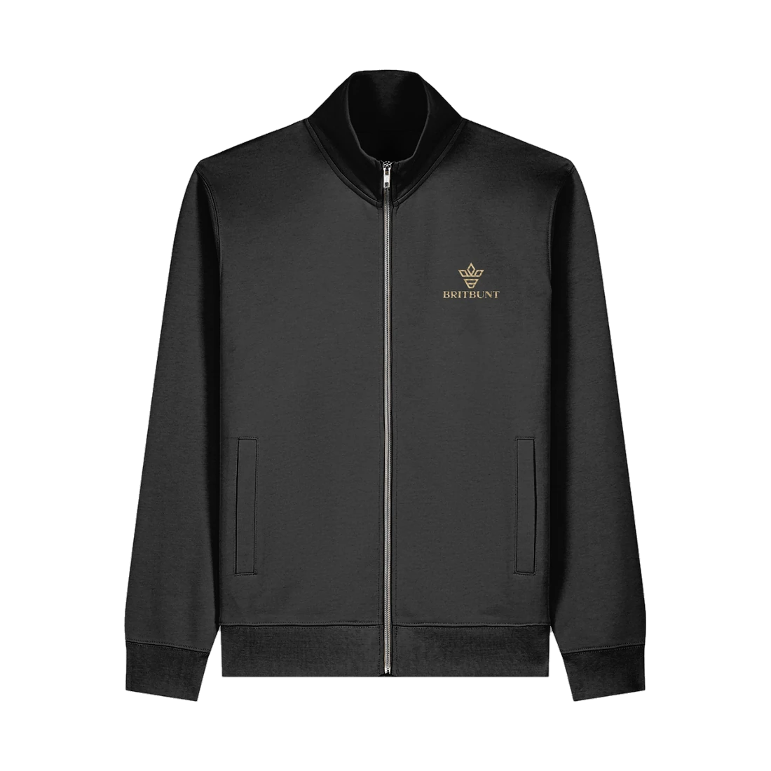 The Signature Zip Jacket in black, with the Britbunt crown and name embroidered in gold on the left chest